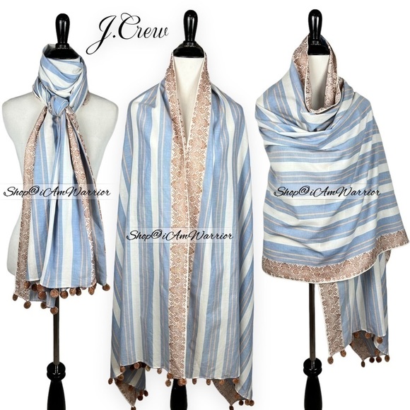 J.Crew striped patterned cotton pom pom long oversized scarf *shop@iamwarrior - Picture 3 of 11
